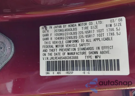 2008 Honda Cr-V Ex из США, поврежденный, VIN JHLRE48548C063888